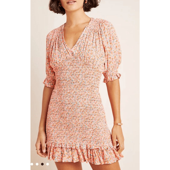 Faithfull The Brand Margherita Mini Dress orange floral‎ rouched womans size 2 - Picture 1 of 16